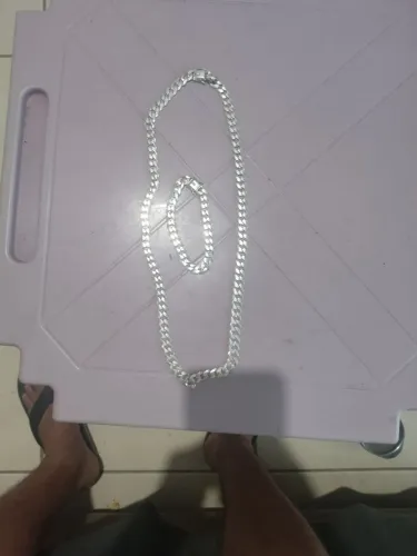 Kit corrente de prata 10 mm 70 centímetros e puceira de prata 10 mm 