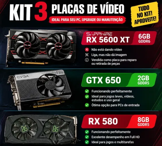 Kit com 3 placas de vídeo