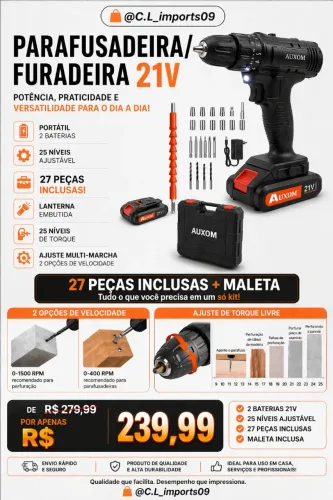 PROMO! parafusadeira Nova portátil bateria 21v + maleta