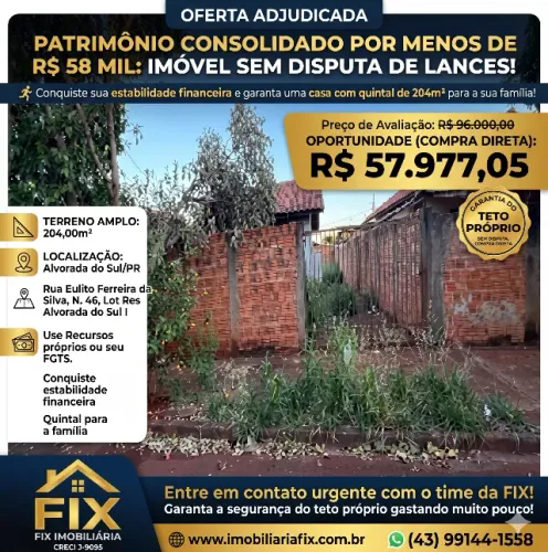 ? PATRIMÔNIO CONSOLIDADO POR MENOS DE R$ 58 MIL: IMÓVEL SEM DISPUTA DE LANCES!