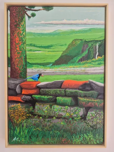 Pintura "Pinheiro, Taipa e Gralha Azul", impressa em canvas e emoldurada em madeira clara