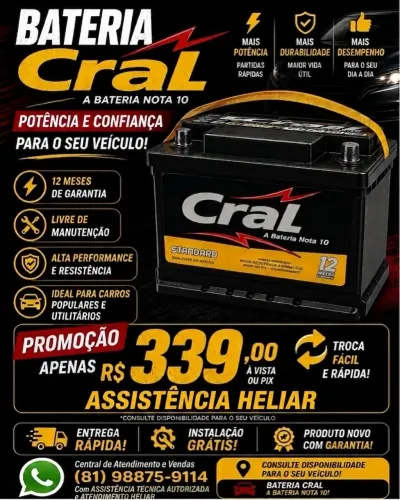 Bateria de carro 60 amperes Assistência HELIAR 