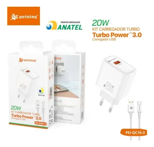 Kit Carregador Usb Turbo Tipo C 20w Turbo Power 3.0 Pei-qc16 Branco