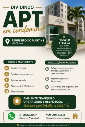 apartamento com um quarto disponível no tabuleiro do martins 