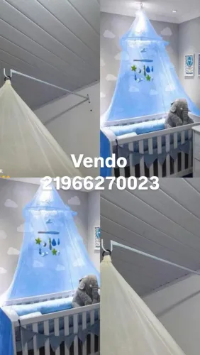Suporte Para Mosquiteiro Para Parede Em Aço + MOSQUITEIRO TETO BERÇO RENDA MICRO FUROS AZU