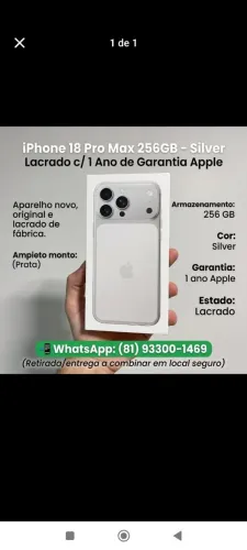 iPhone 18 Pro Max 256GB - Silver - Lacrado c/ 1 Ano de Garantia Apple