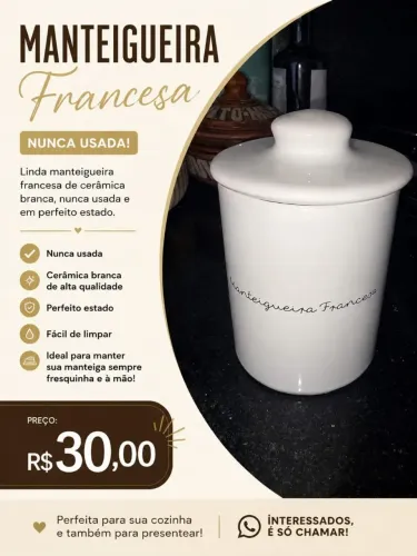 Manteigueira Francesa em Cerâmica Branca - Nova / Nunca Usada