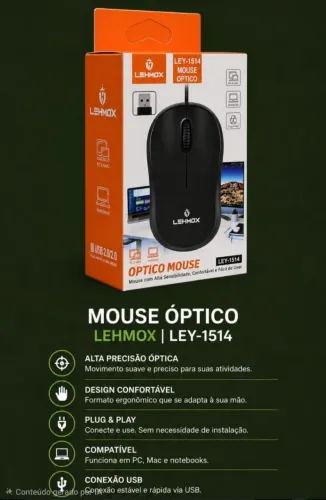 Mouse Óptico com fio USB.