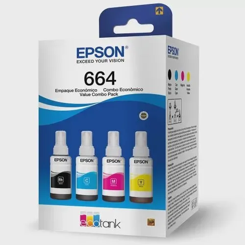 Kit com 4 Garrafas de Tinta Epson, Preto, Ciano, Magenta, Amarelo, T664520-4P, 1 UN