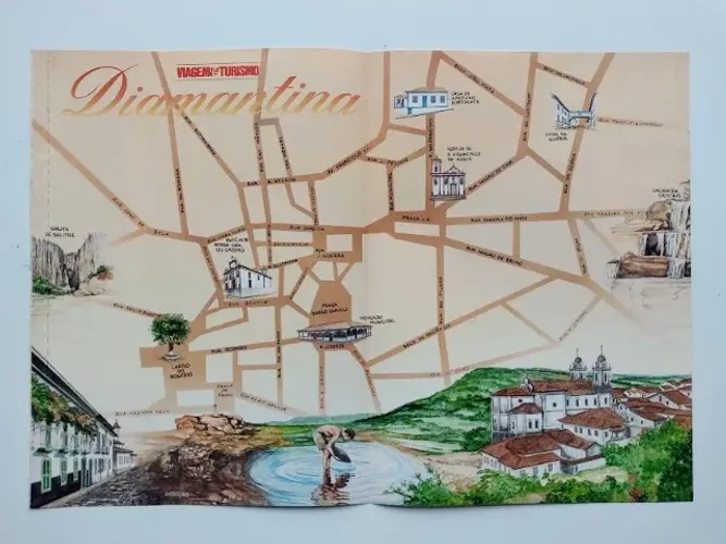 Diamantina - Mapa/pôster antigo de turismo com ilustrações
