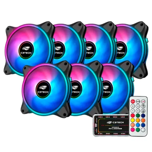 Kit 7 Cooler Fan 120mm C3Tech C110F250 com Controladora e Controle ARGB 3P 5V - WZetta