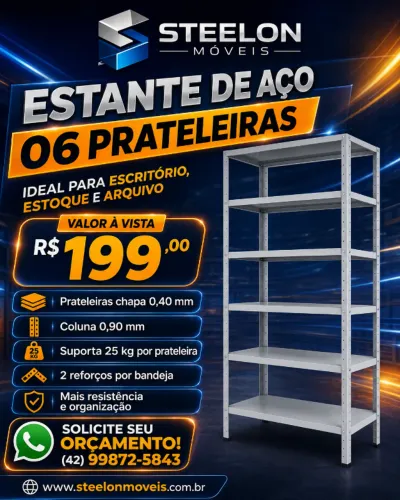 Estante de Aço 06 Prateleiras Cinza Reforçada para Estoque Arquivo e Escritório