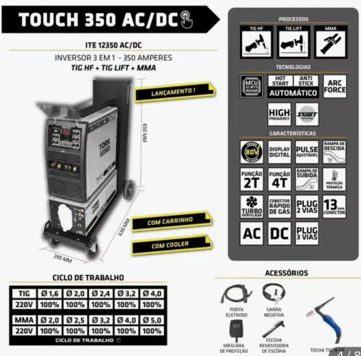 Máquina de solda TIG AC DC trifásica 350 amperes com Cooler NOVA Tork industrial