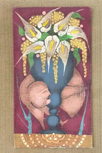Quadro Original Caio Borges - Flores e Pássaros - 69,5x49cm