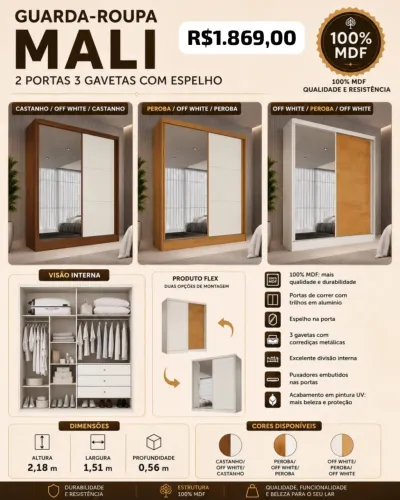 GUARDA-ROUPA MALI 2 PORTAS 3 GAVETAS COM ESPELHO