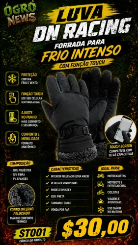 Luva forrada para frio intenso com função touch