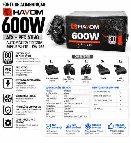Fonte Gamer Hayom 600W ATX PFC Ativo 80 Plus White PW1056 | Com Garantia |