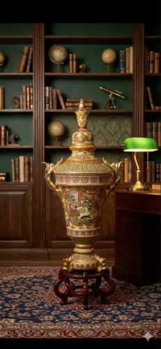 Vaso de Chão Gigante Estilo Satsuma - 106cm - Impecável + Base de Madeira