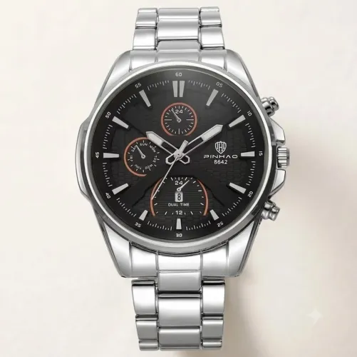 Relogio Inox PINHAO 8642 Prateado Silver Black Lindo, Pulseira em Inox prateada Elegante