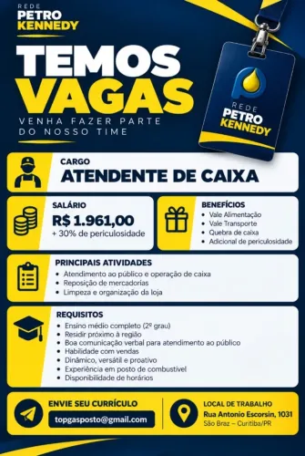 VAGA CAIXA LOJA DE CONVENIENCIA - SÃO BRAZ