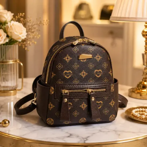 Mini Mochila Feminina Flor Estampada Marrom Luxo Casual