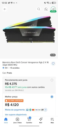 Nao vendo separado e nao abaixo valor Corsair Vengeance RGB 32gb 2x16gb DDR5 5600