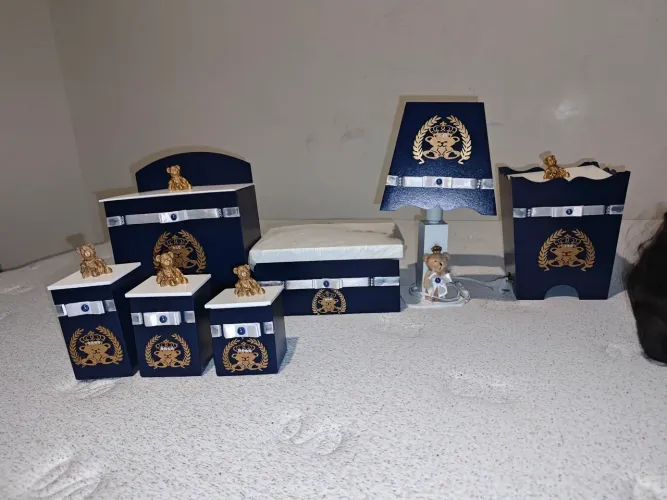 Kit Higiene Bebê Menino Urso Ramo com 7 Peças em Madeira Mdf Decorado