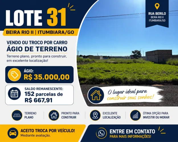 Vendo ou troco por carro - Terreno no Beiro Rio II - Itumbiara/GO