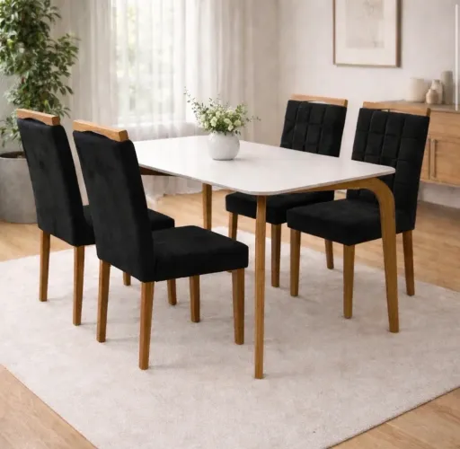 Conjunto Verona 4 Lugares com Vidro Off White