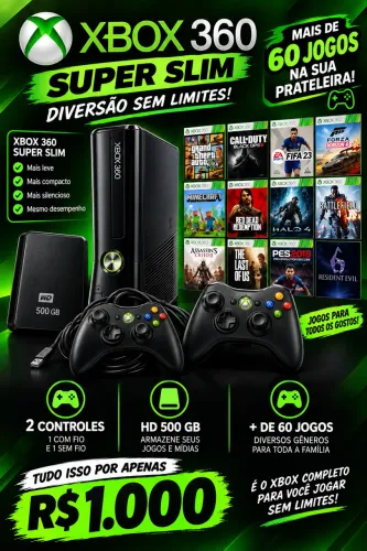 ? Xbox 360 Super Slim + 2 Controles + HD 500GB + 60 Jogos