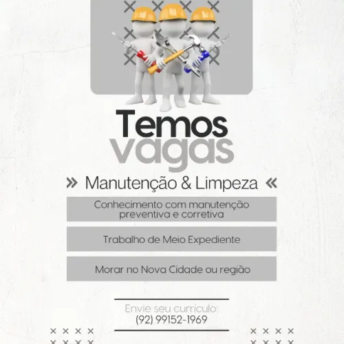 VAGA: MANUTENÇÃO & LIMPEZA (MEIO PERÍODO)