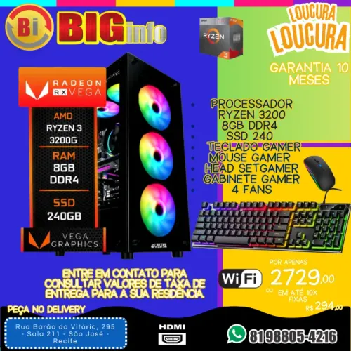 Computador Gamer Ryzen 3 3200g, 8gb Ddr4, Ssd 256gb - Em ate 10x Fixas