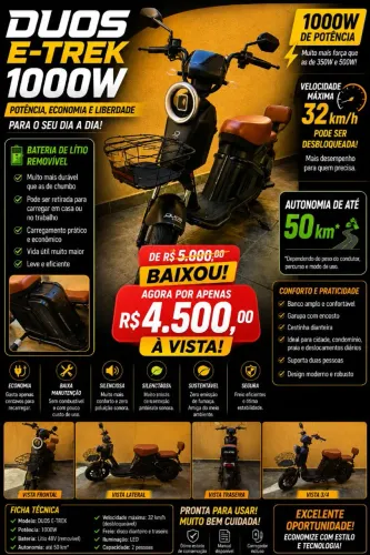 Scooter Elétrica Duos E-Trek 1000W | Bateria de Lítio | Apenas 119 km