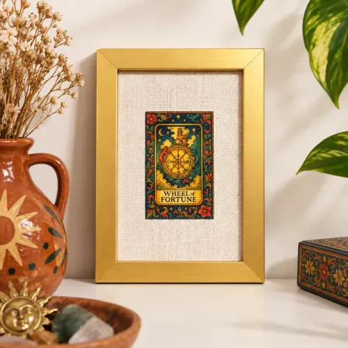 Quadro Decorativo Carta de Tarô A Roda da Fortuna Moldura Dourada 12x17