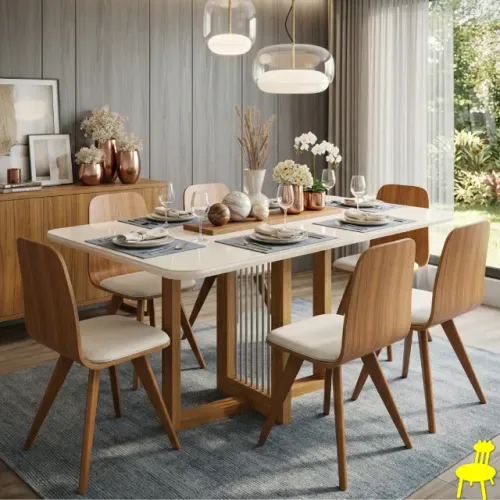 Conjunto Mesa Sala de Jantar Natalí com Vidro Nature/off White + 6 Cadeiras Lidiane 