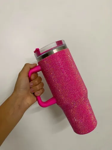 Copo Termico 1200ml Brilho Strass Com Canudo Inox Rosa Claro