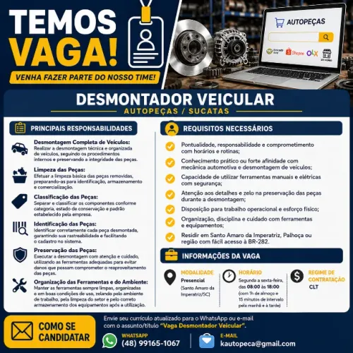 Vaga: Desmontador Veicular (Autopeças / Sucatas)