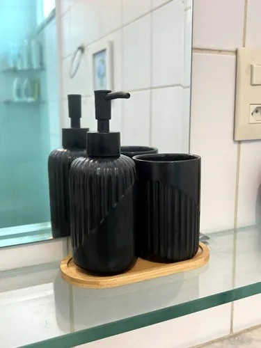 Kit Banheiro 3 peças Cerâmica Preto Bambu
