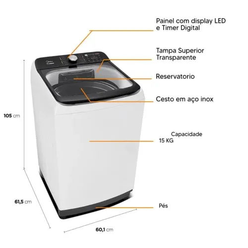 LAVADORA MIDEA TL-WAVE AGITATOR - 15KG - Bivolt - MODELO: MA512W150A/WK-05