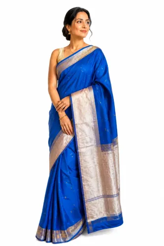 Sari Indiano importado Tradicional novo Azul Com Dourado 5,20m