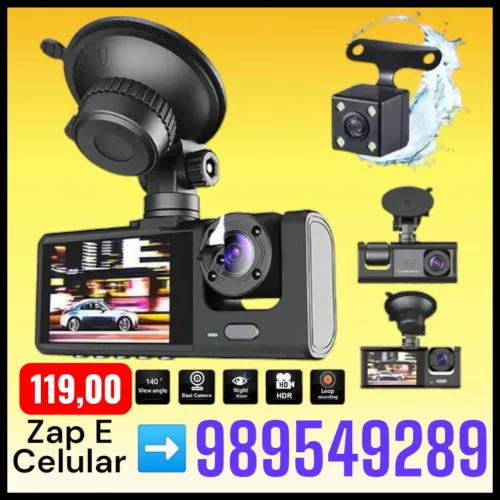 câmera veicular DVR   3 em 1 (frontal, interna e traseira)