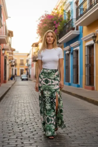 Saia Longa Verão Estampa Folhagem Verde Fenda Frontal Tam M