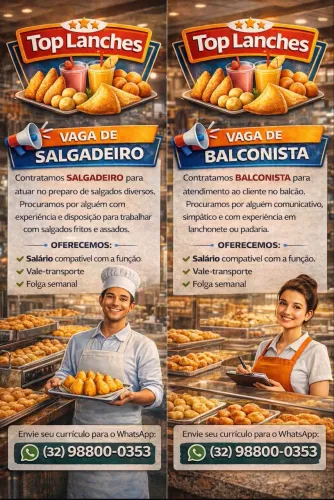 Vaga Para Salgadeiro e Balconista Lanchonete