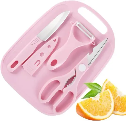 Facas Tesoura Descascador e Tábua de Corte - Rosa
