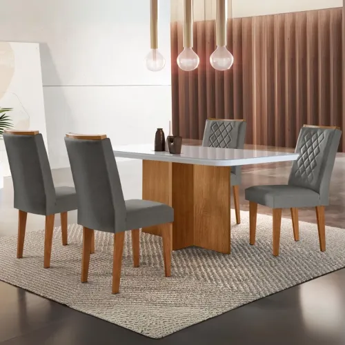Mesa de Jantar 120 Canto Copo Imbuia/Off White com 4 Cadeiras Jade Linho tt64