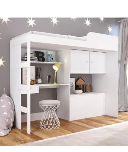 CAMA ALTA MULTIFUNCIONAL COM BAÚ E ESTAÇÃO DE TRABALHO 80 LION BRANCO