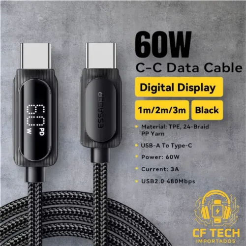 Cabo USB-C Essager 60W com Display Digital