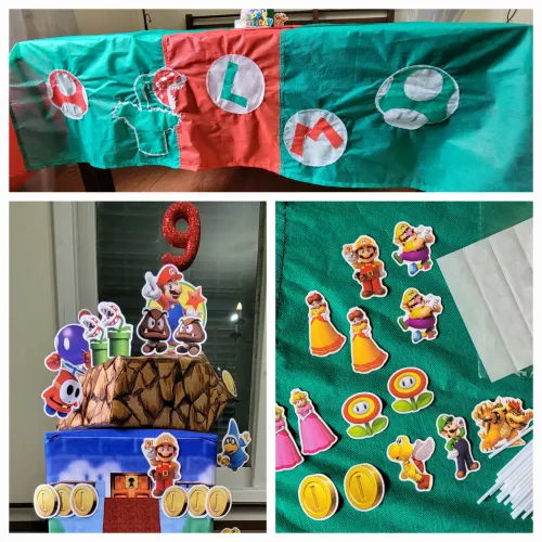 Kit festa infantil Super Mario com toalha mesa, bolo fake e toppers