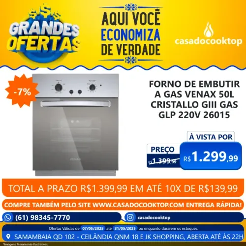 Forno de Embutir à Gás 50L Venax Cristallo GIII GLP 220V