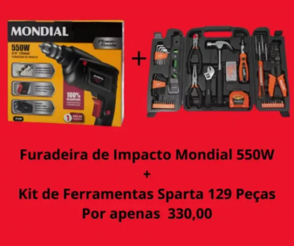 Furadeira de Impacto Mondial 550W + Kit de ferramentas sparta 129 peças